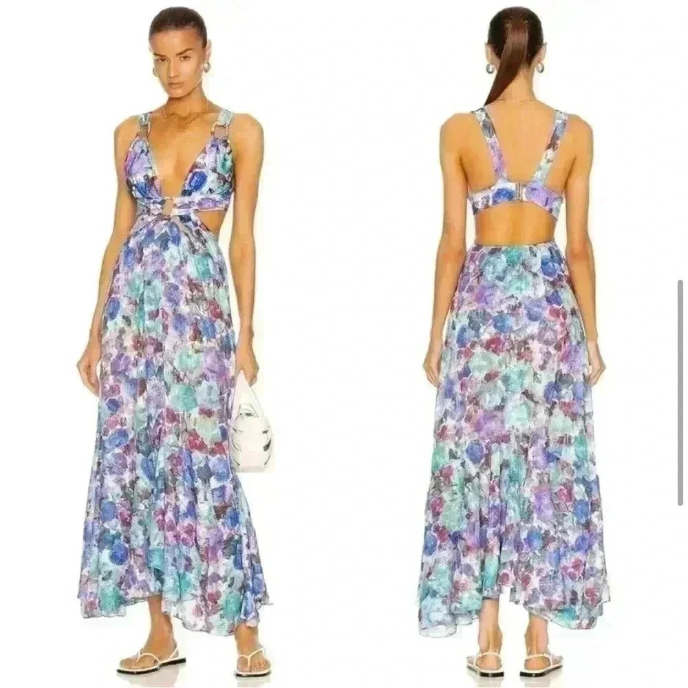 PATBO Blossom Cutout Midi Maxi Dress XS Floral V Neck Plunge $750 Purple Blue